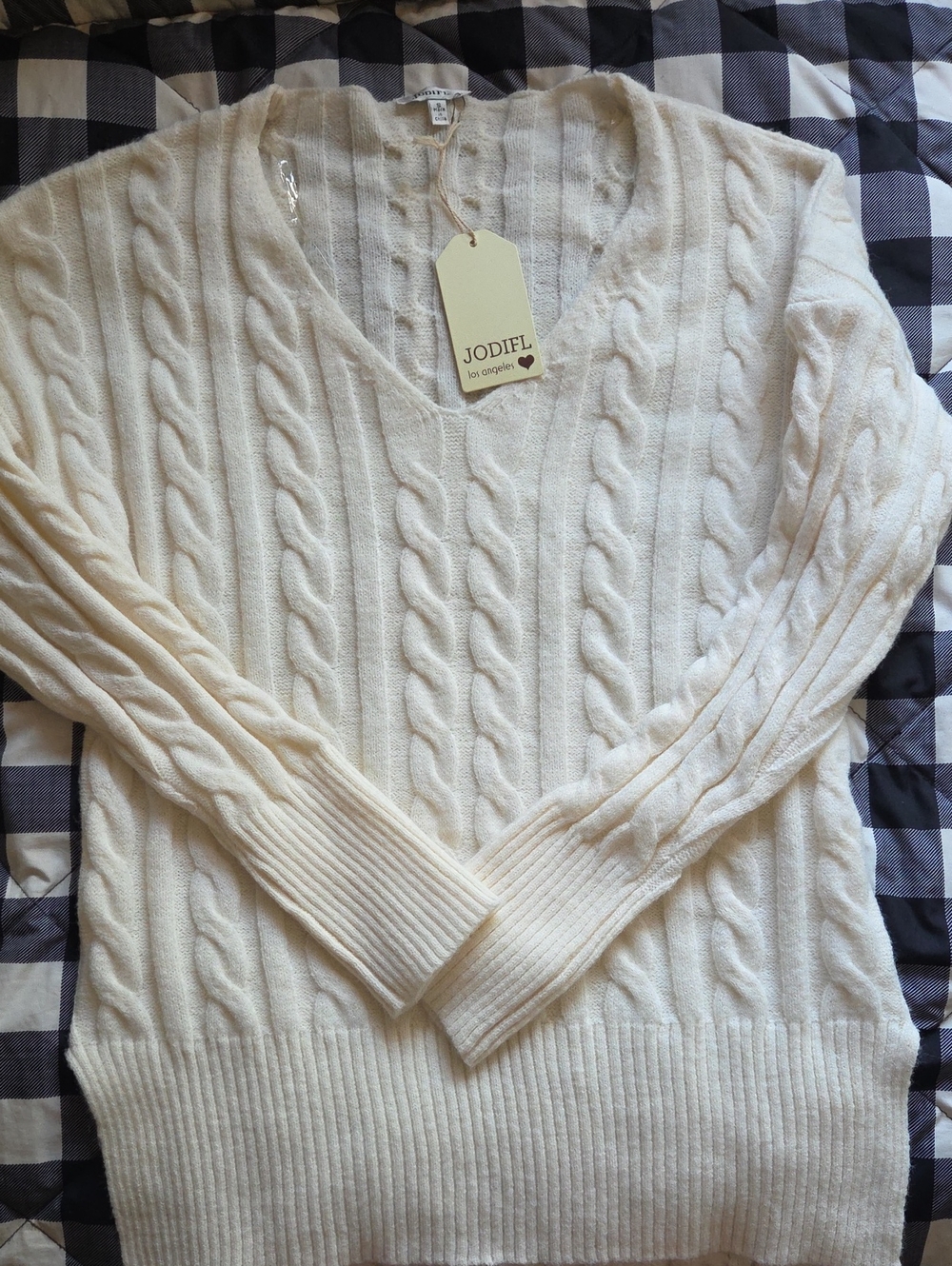JODIFL Ivory Cable Knit V-Neck Sweater, See Photos For Measurements!
